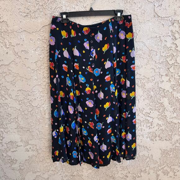 Vintage Button Front Floral 100% Silk Black Midi Elastic Back Small - Picture 1 of 5